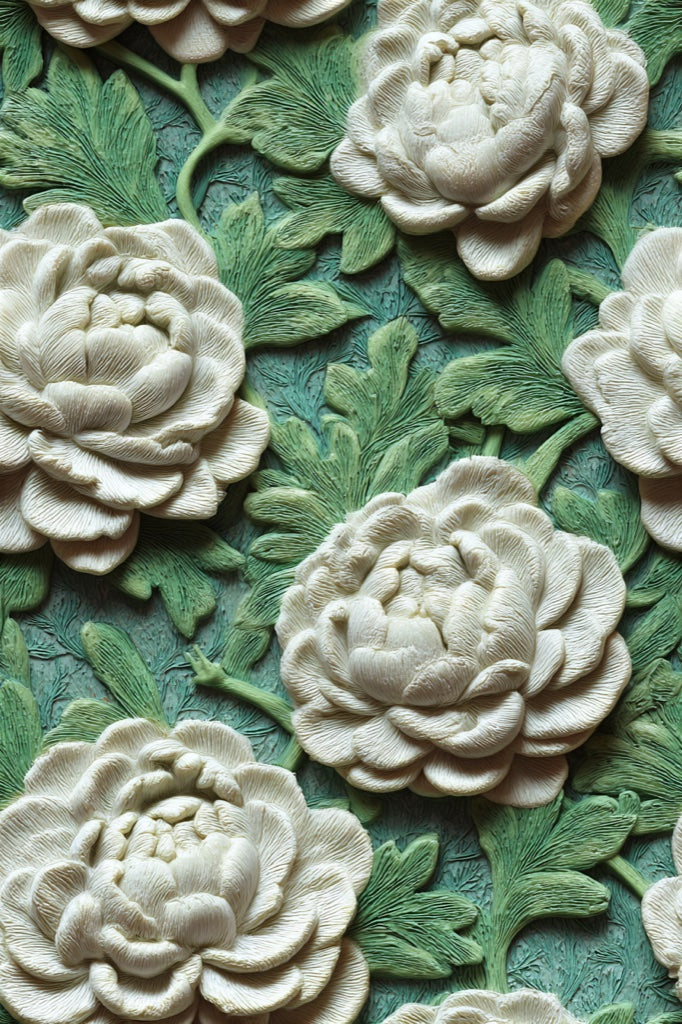Cream Peony Floral Wallpaper with Green Leaf Motif pattern artwork
