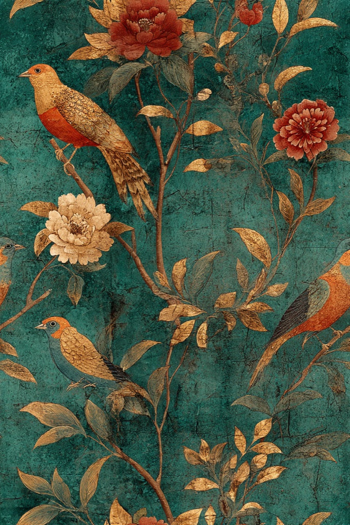 Teal and Gold Look Vintage Bird Floral Wallpaper pattern artwork