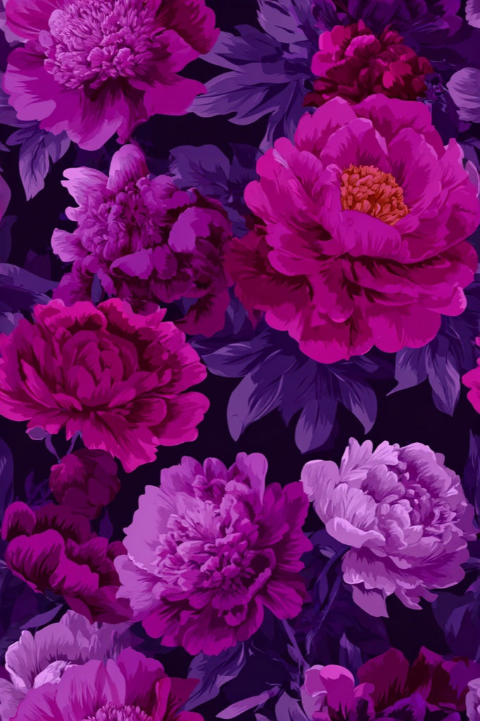 Deep Black and Purple Peony Floral Wallpaper pattern artwork
