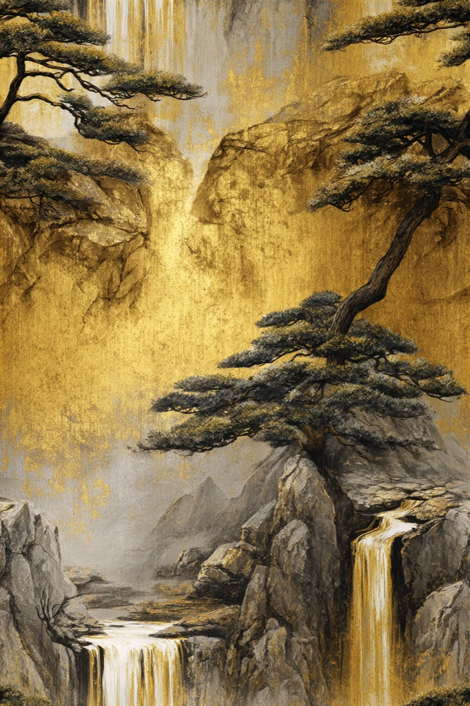 Golden Look Waterfall and Pine Scenic Wallpaper pattern artwork