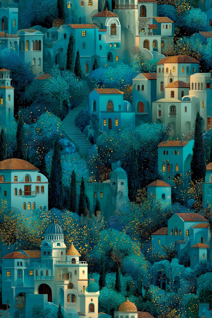 Teal Fantasy Architecture Landscape Wallpaper pattern artwork
