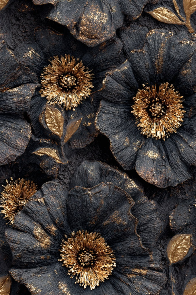 Golden Look Black Textured Large Floral Wallpaper pattern artwork