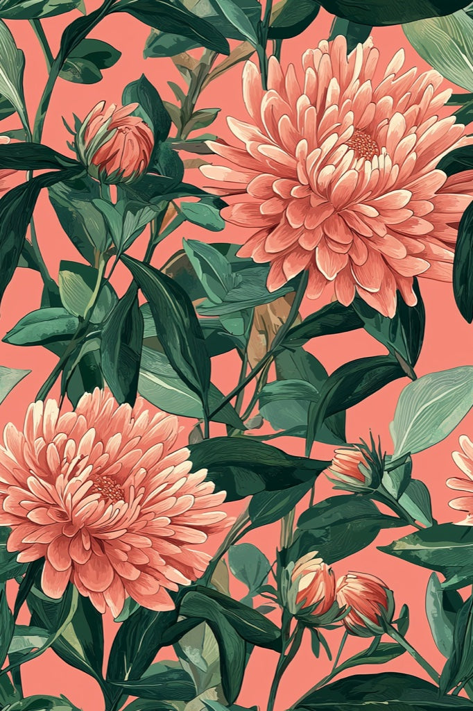 Coral Chrysanthemum Botanical Floral Wallpaper pattern artwork