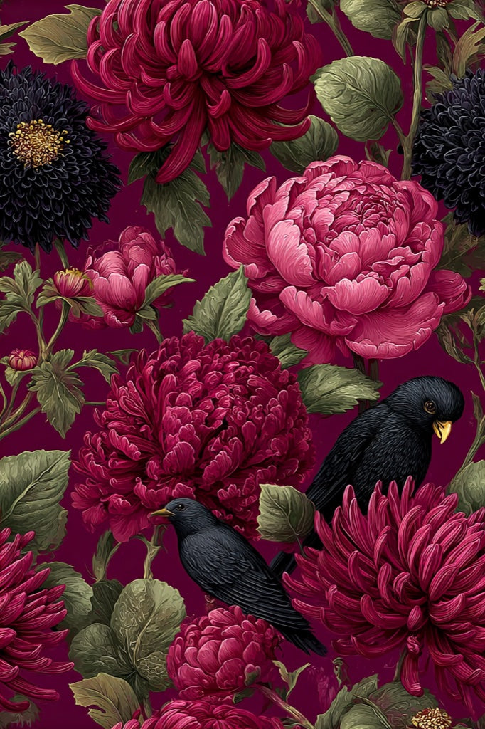 Burgundy Peony and Black Bird Floral Wallpaper pattern artwork