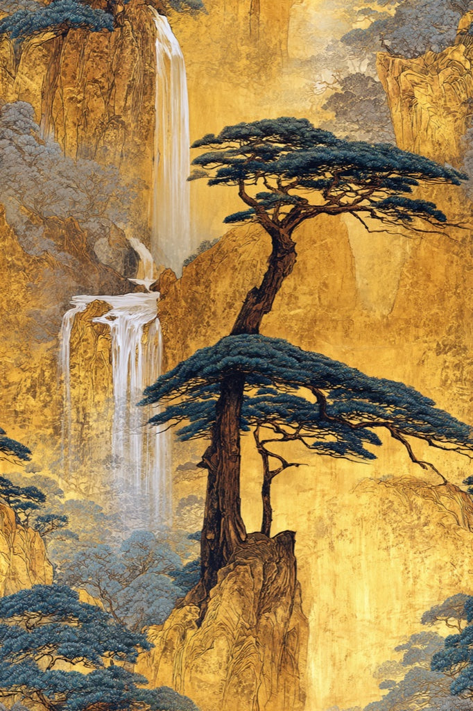 Golden Look Chinoiserie Waterfall Landscape Wallpaper pattern artwork