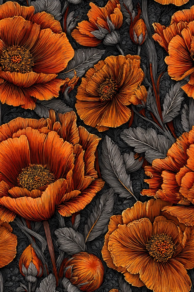 Vibrant Orange Poppy Floral Dark Wallpaper pattern artwork