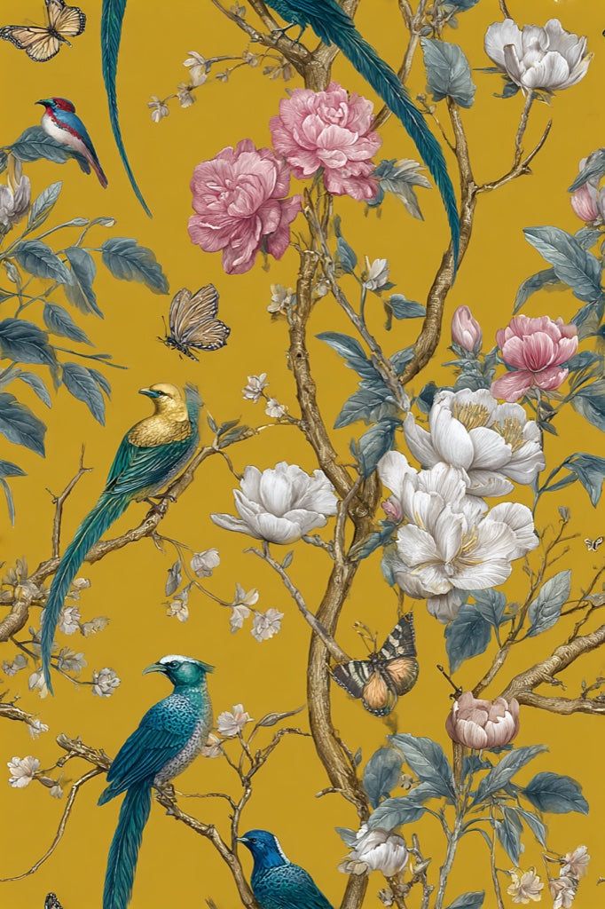 Golden Look Yellow Bird and Flower Chinoiserie Wallpaper pattern artwork