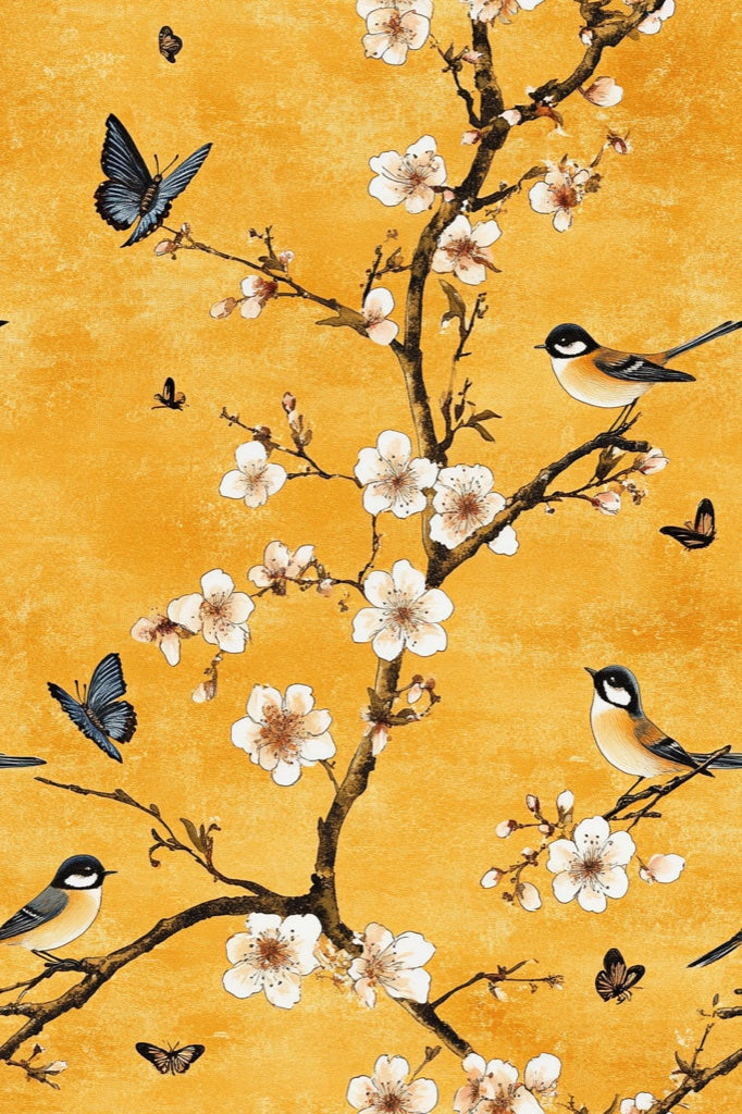 Sunny Yellow Cherry Blossom and Bird Wallpaper pattern artwork