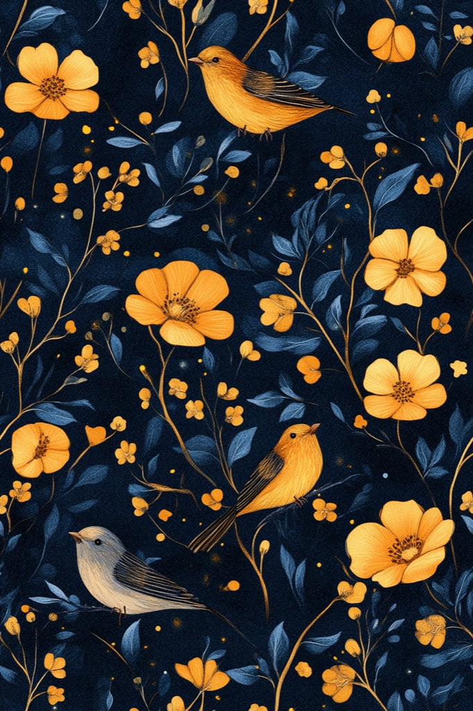 Midnight Black Songbird Floral Wallpaper pattern artwork