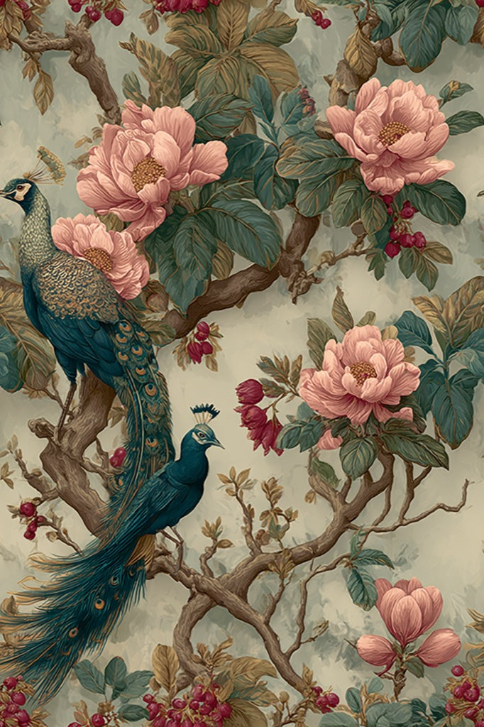 Vintage Green and Pink Peacock Floral Wallpaper pattern artwork