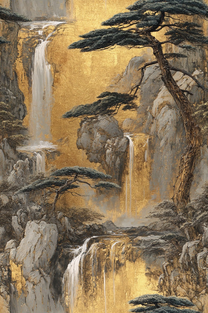 Golden Look Chinoiserie Waterfall Scenic Wallpaper pattern artwork