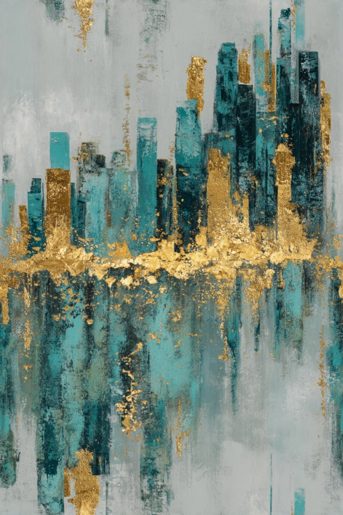 Gray and Teal Abstract Gold Look Accent Wallpaper pattern artwork