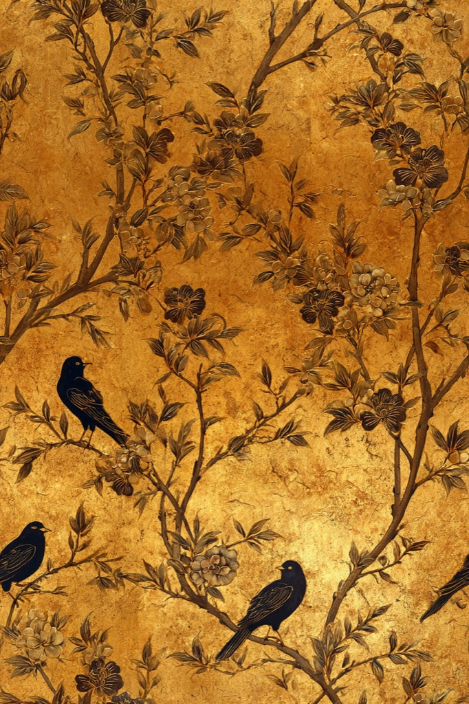 Golden Look Vintage Floral Bird Motif Wallpaper pattern artwork