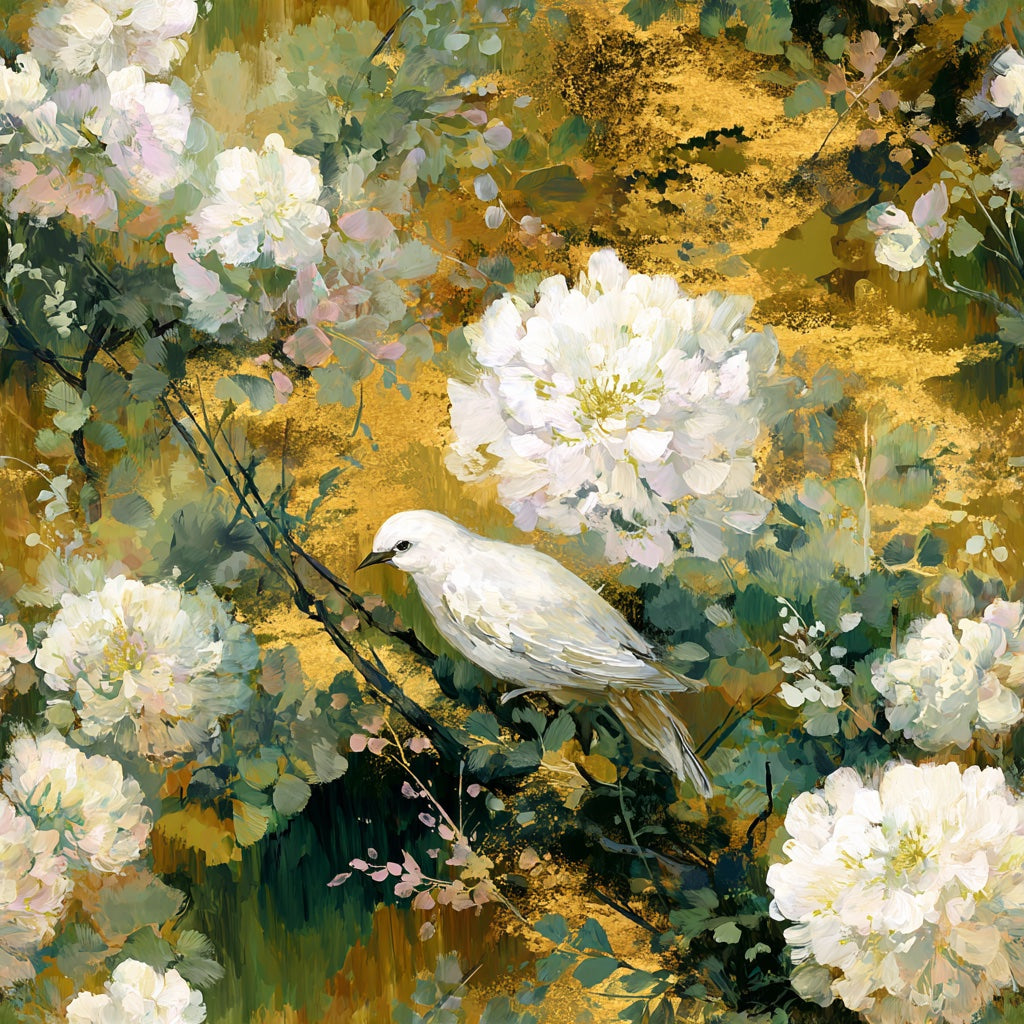 Gold Look Antique Floral with Birds Wallpaper pattern artwork
