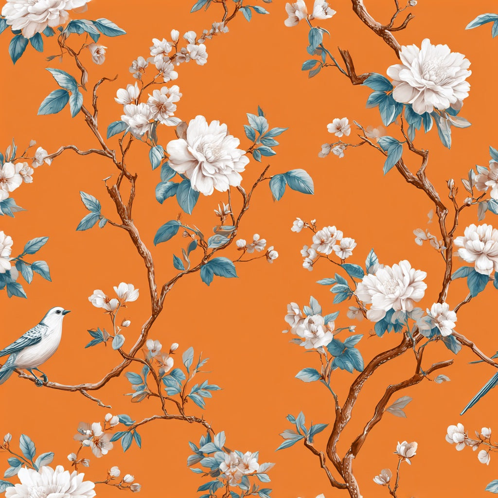 Vibrant Orange Cherry Blossom and Bird Wallpaper pattern artwork