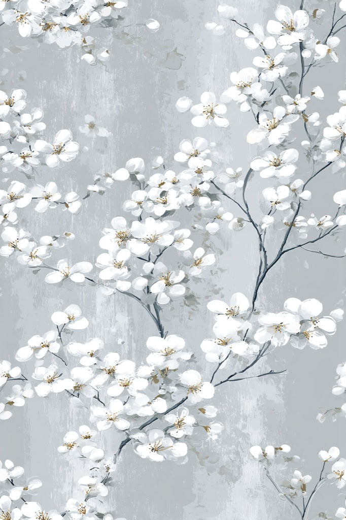 Soft Gray Cherry Blossom Floral Wallpaper pattern artwork