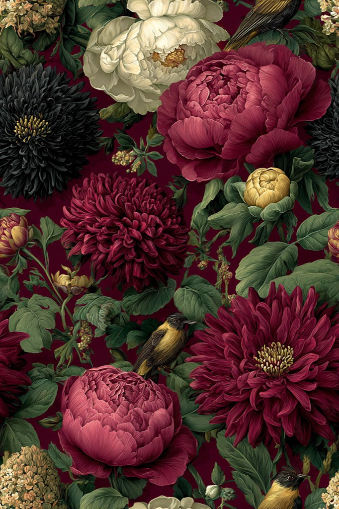 Burgundy Peonies and Birds Vintage Floral Wallpaper pattern artwork