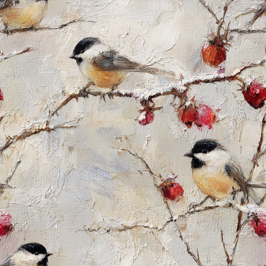 Cream Chicadee and Berry Wallpaper pattern artwork
