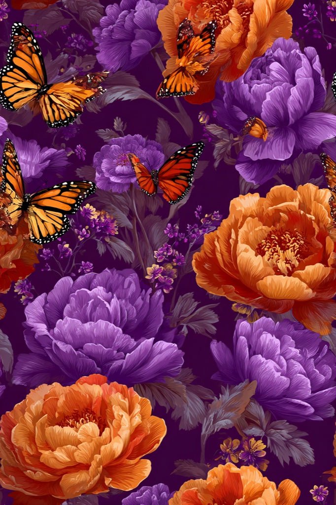 Vibrant Purple and Orange Floral Butterfly Wallpaper pattern artwork