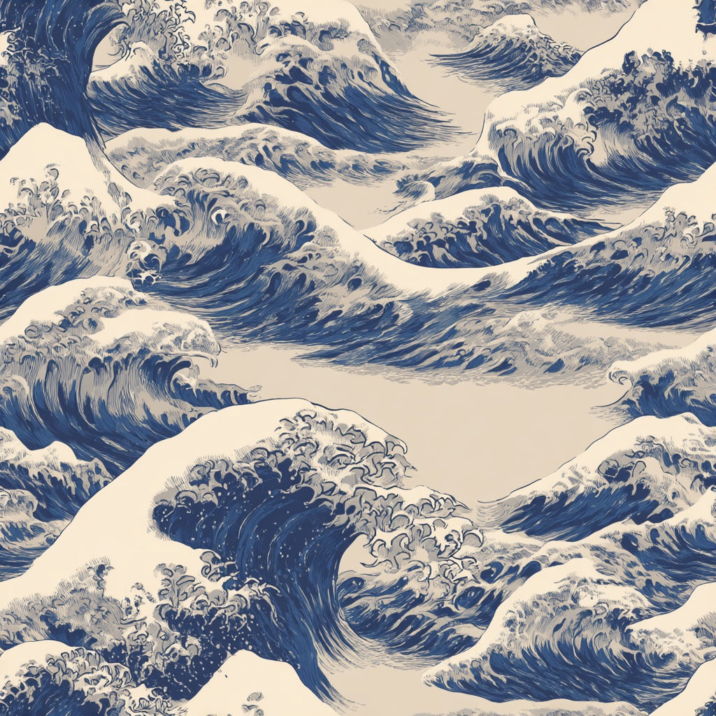 Cream and Blue Japanese Wave Pattern Wallpaper pattern artwork