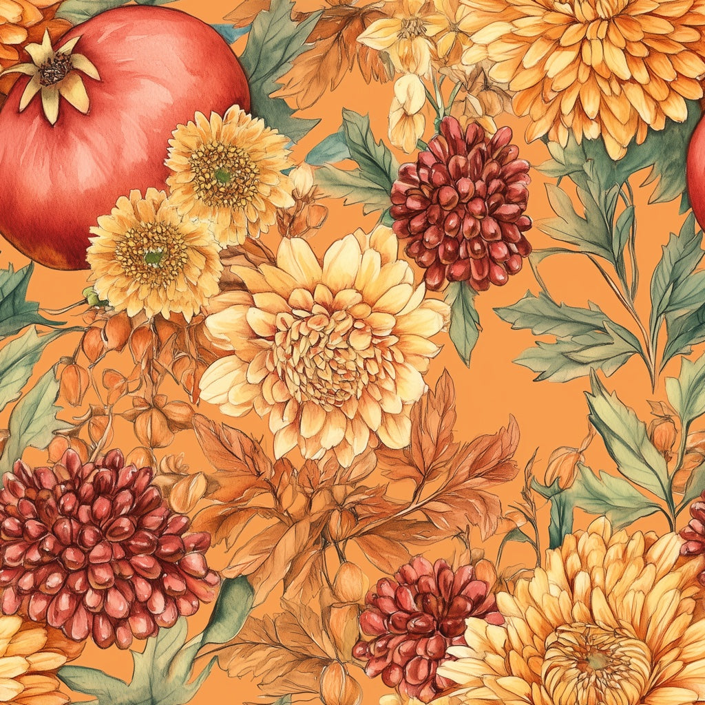 Vibrant Orange Vintage Floral Wallpaper pattern artwork