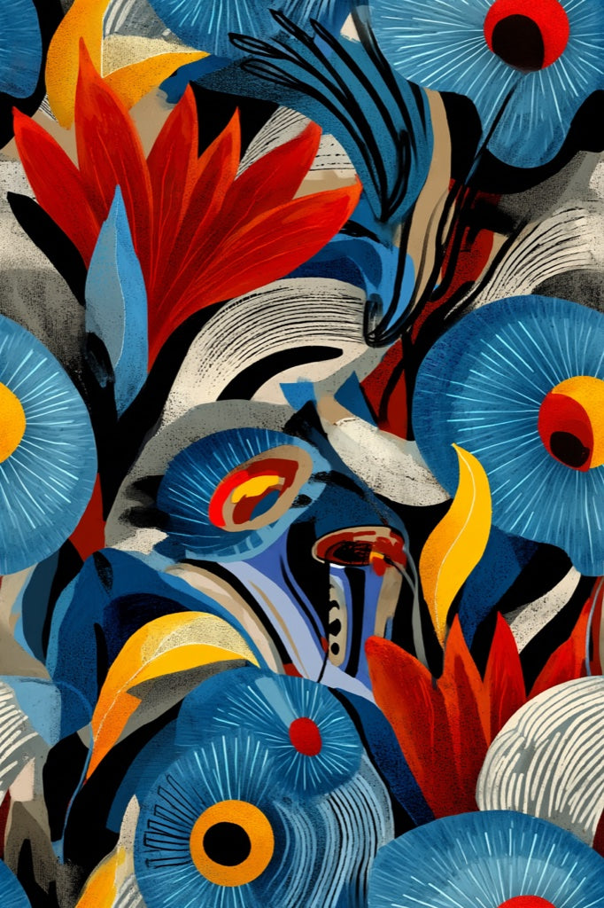 Vibrant Black Tropical Floral Burst Wallpaper pattern artwork