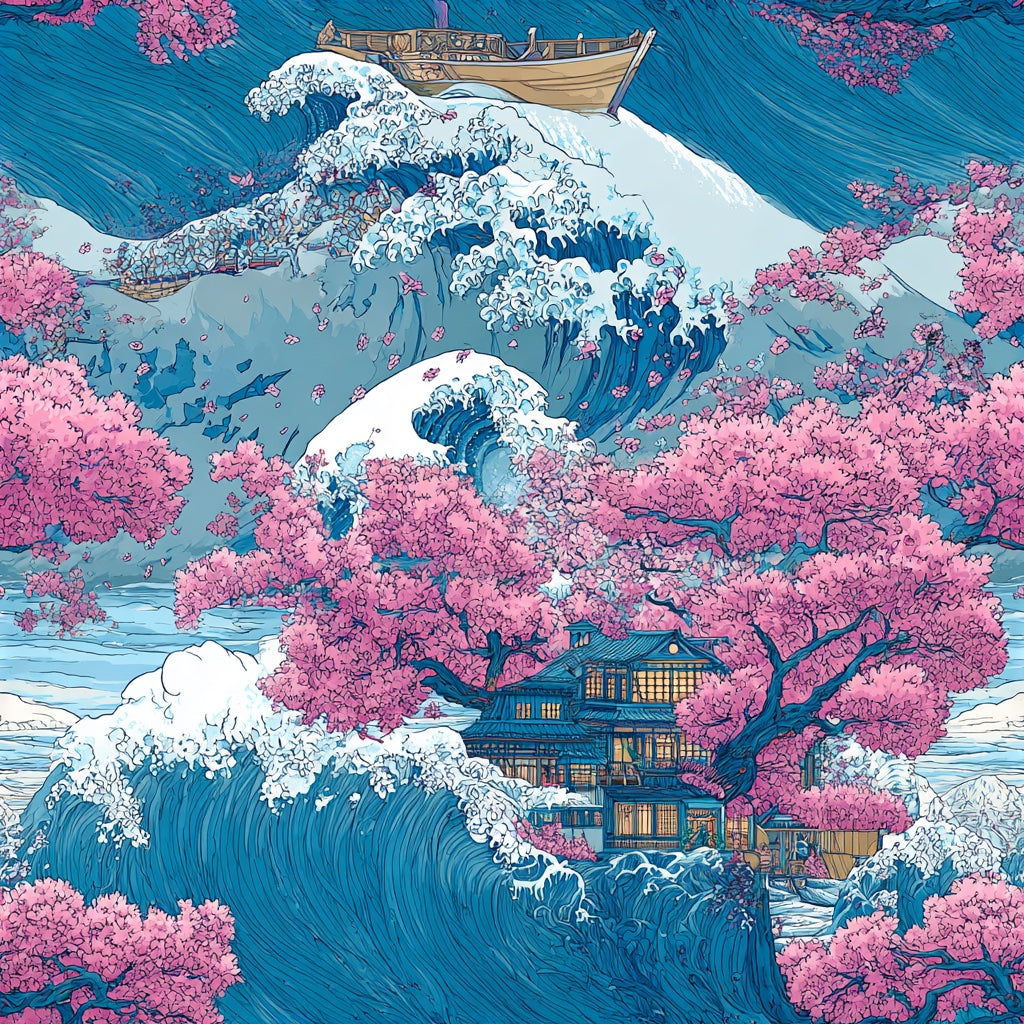 Vibrant Japanese Wave and Cherry Blossom Wall Mural pattern artwork