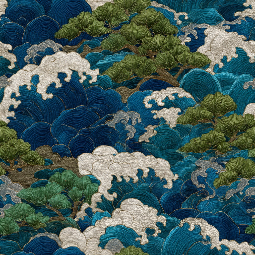 Deep Blue and Green Japanese Wave Wallpaper pattern artwork