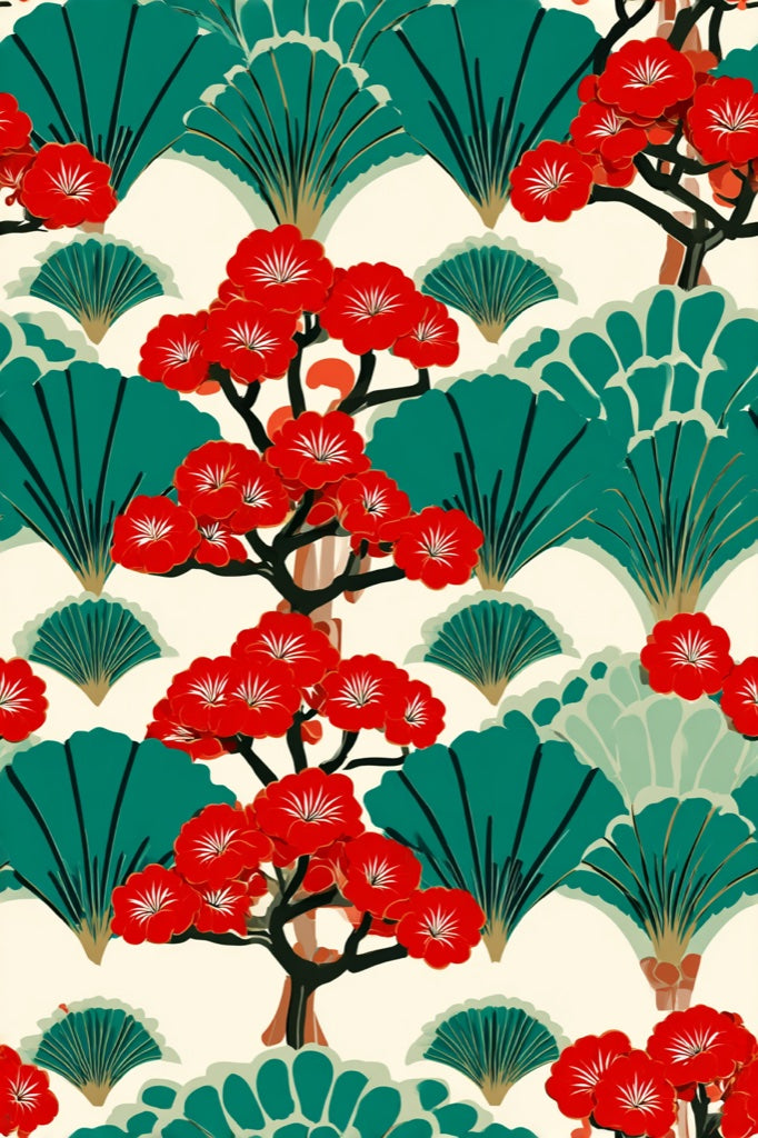 Vibrant Red Cherry Blossom Japanese Wallpaper pattern artwork
