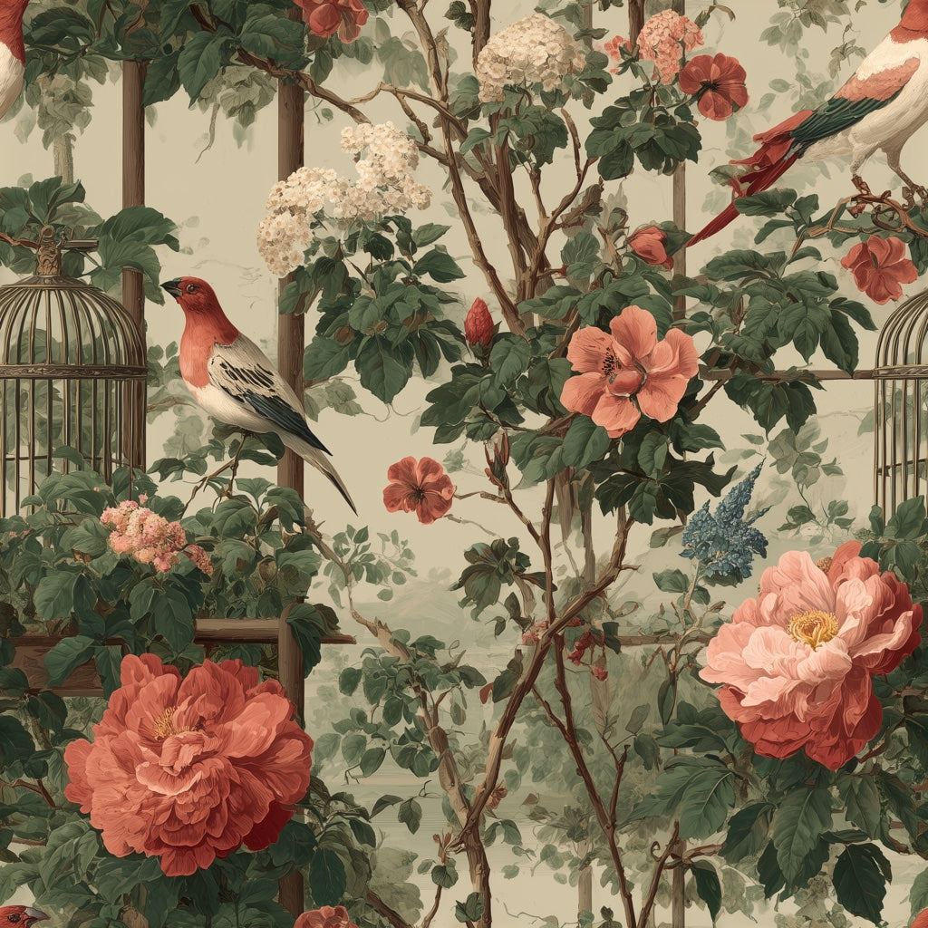 Cream and Green Rose Garden with Birds Wallpaper pattern artwork