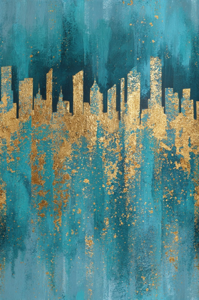 Teal and Gold Look Abstract Skyline Wallpaper pattern artwork
