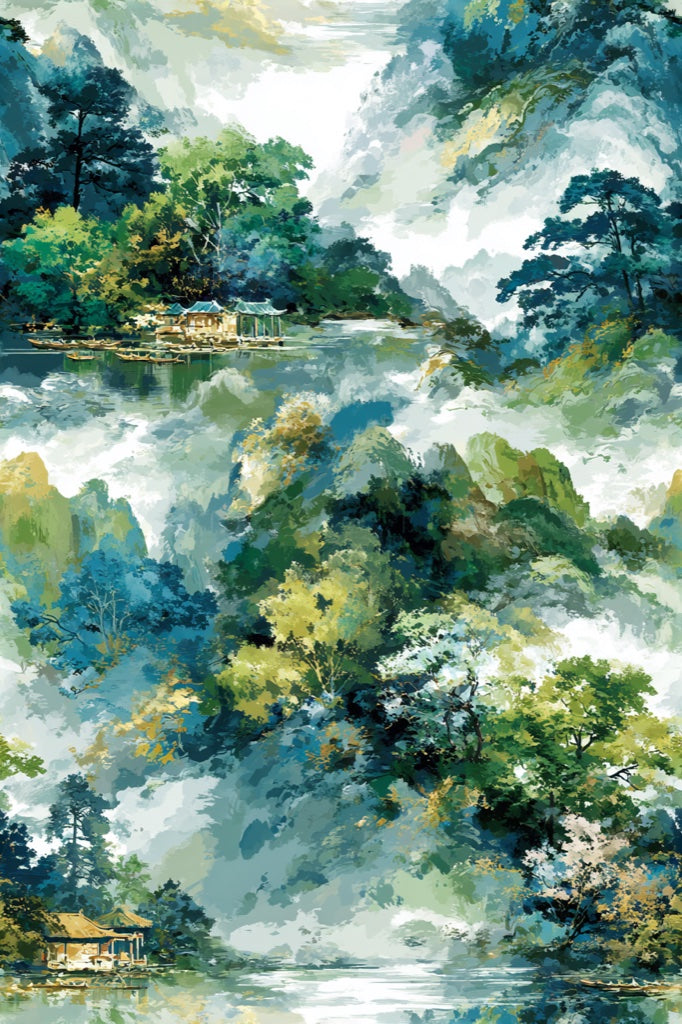 Teal and Green Watercolor Landscape Wallpaper pattern artwork