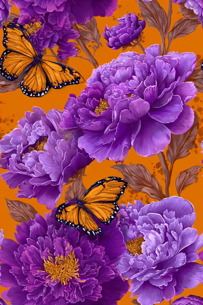Vibrant Orange and Purple Peony Butterfly Wallpaper pattern artwork