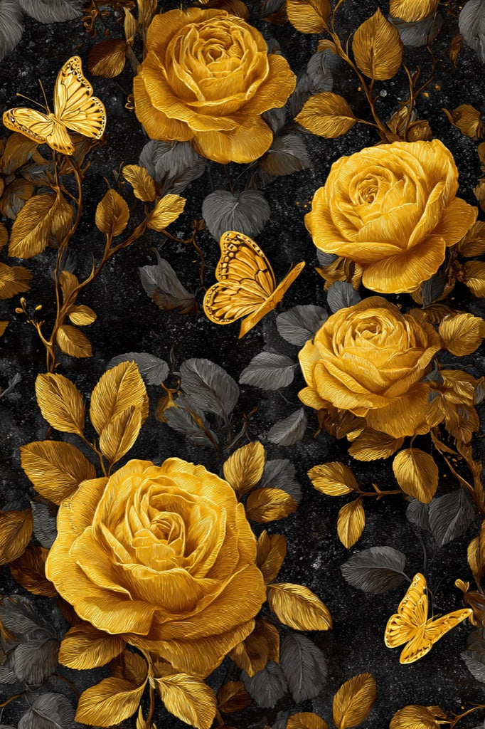 Golden Look Rose and Butterfly Dark Floral Wallpaper pattern artwork