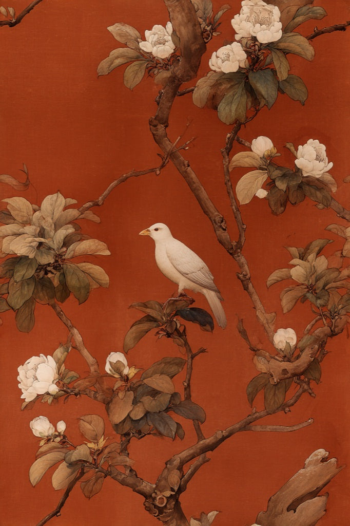 Terracotta Bold Floral and Bird Motif Wallpaper pattern artwork