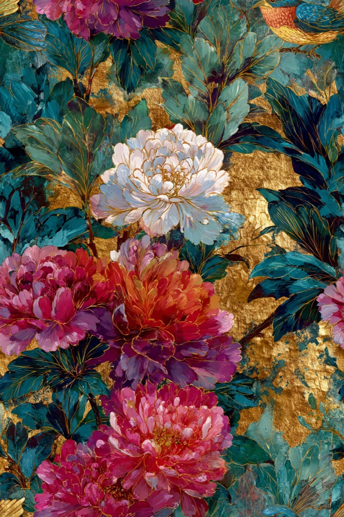 Rich Gold Look and Emerald Floral Bird Wallpaper pattern artwork