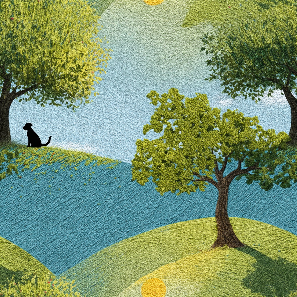 Bright Blue and Green Hillside Tree Wallpaper pattern artwork