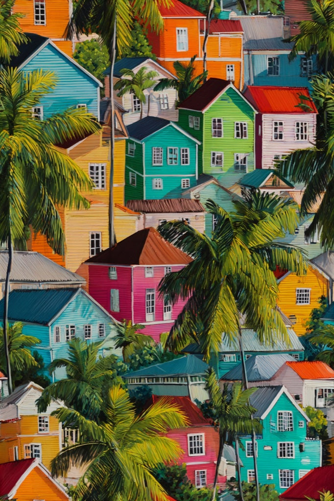Vibrant Multicolor Tropical Houses Wallpaper pattern artwork