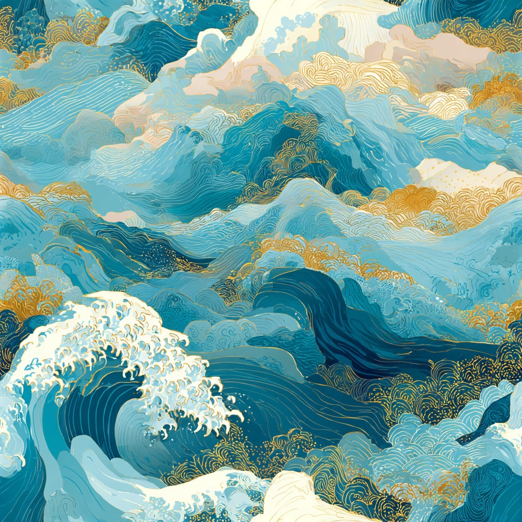 Oceanic Blue and Gold Look Japanese Wave Wallpaper pattern artwork