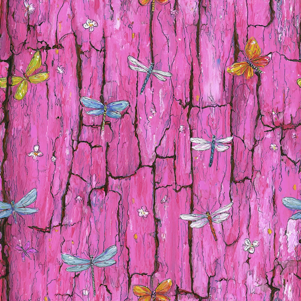 Vibrant Pink Bark and Butterflies Wallpaper pattern artwork