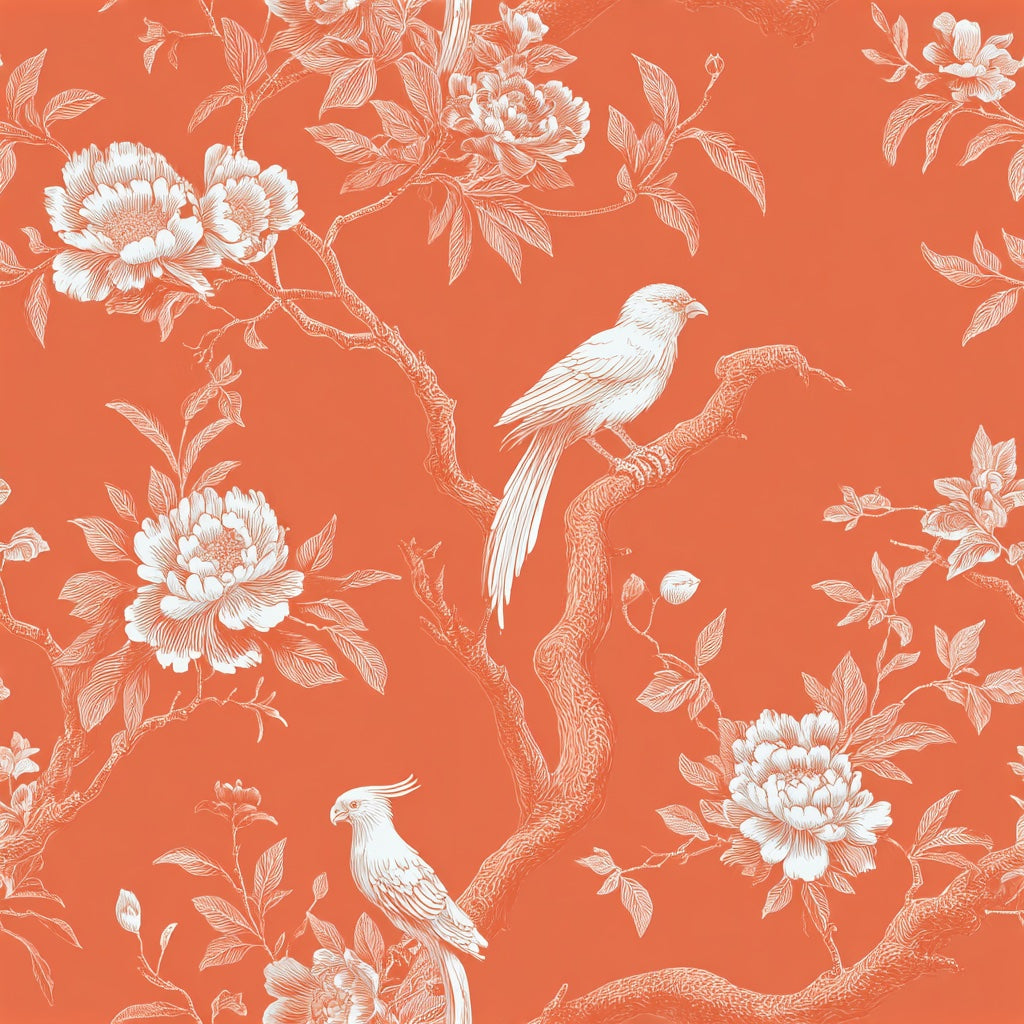 Burnt Orange Vintage Bird Floral Wallpaper pattern artwork