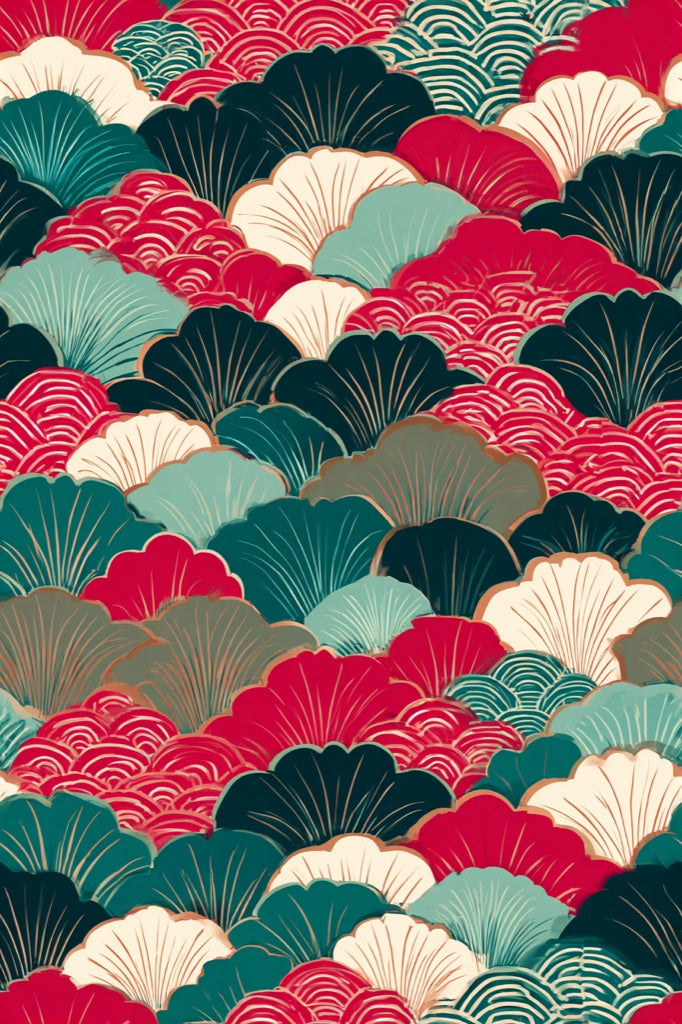Vibrant Red and Green Japanese Geometric Wallpaper pattern artwork