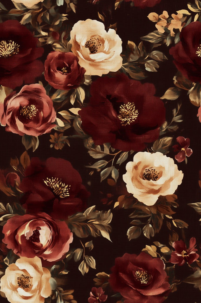 Rich Burgundy and Cream Rose Floral Wallpaper pattern artwork