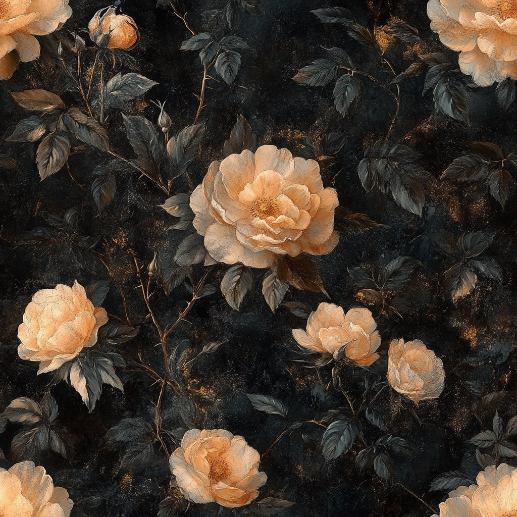 Golden Look Yellow Roses on Black Floral Wallpaper pattern artwork