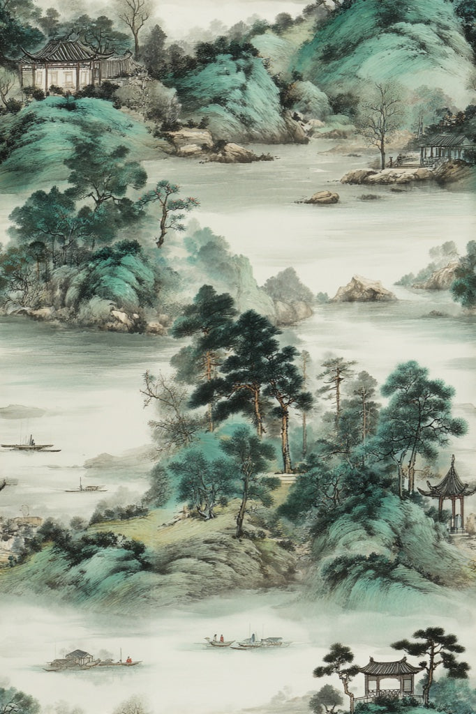 Cream and Green Chinoiserie Landscape Wallpaper pattern artwork