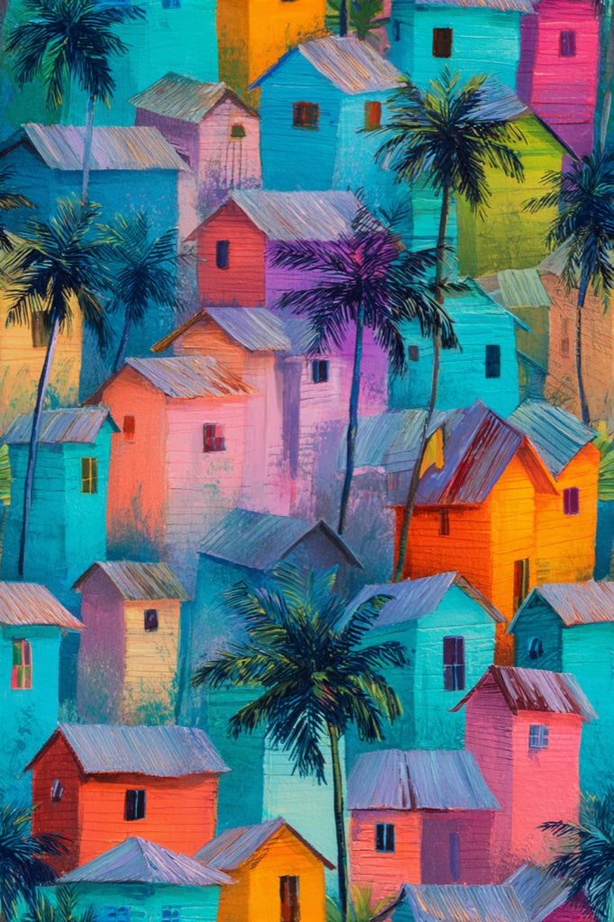 Vibrant Teal Tropical Village Wallpaper pattern artwork