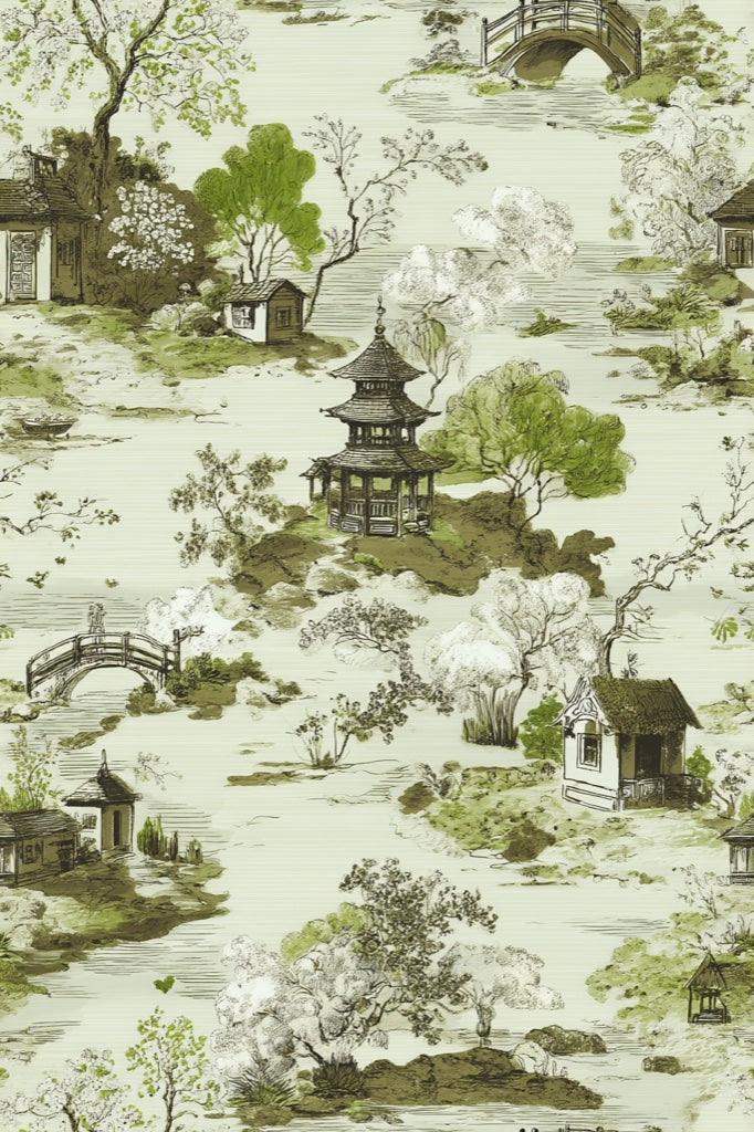Cream and Green Chinoiserie Landscape Wallpaper pattern artwork