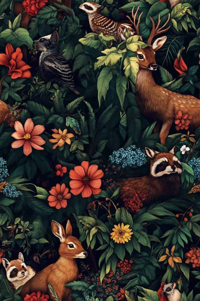 Dark Jungle Animal and Floral Wallpaper pattern artwork