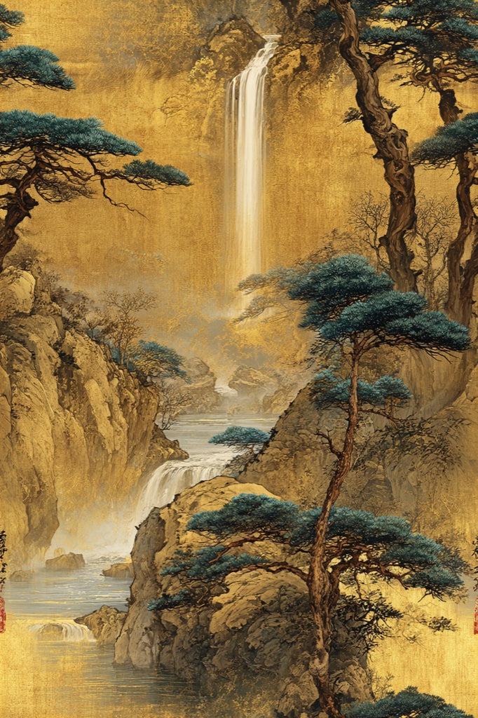 Vintage Gold Look Oriental Landscape Wallpaper pattern artwork