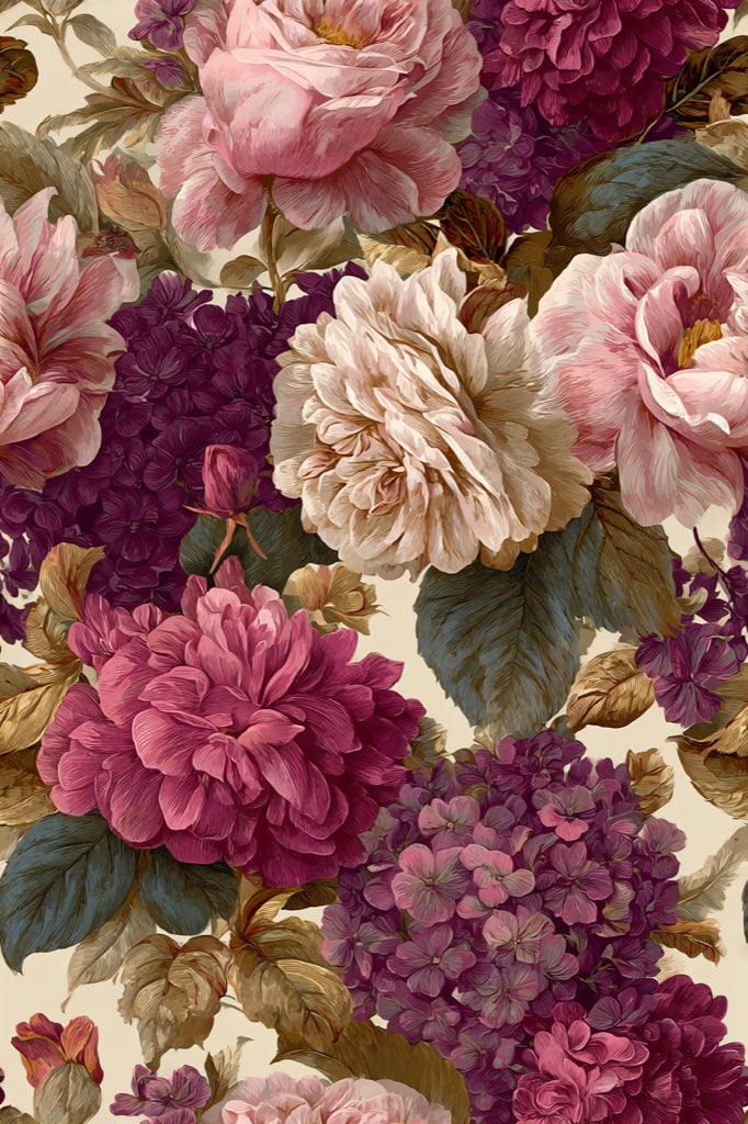 Cream and Burgundy Vintage Floral Rose Wallpaper pattern artwork